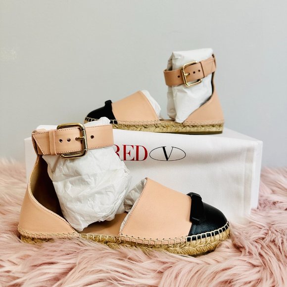 RED VALENTINO BOW EMBELLISHED TWO-TONE LEATHER ESPADRILLES FLATS W SHOE BAG
